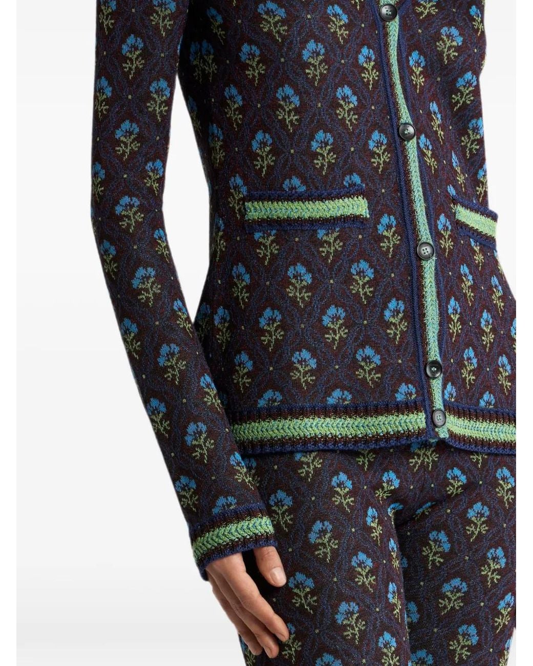 Etro Blue Jacquard Cardigan With Diamond Flower-Motif