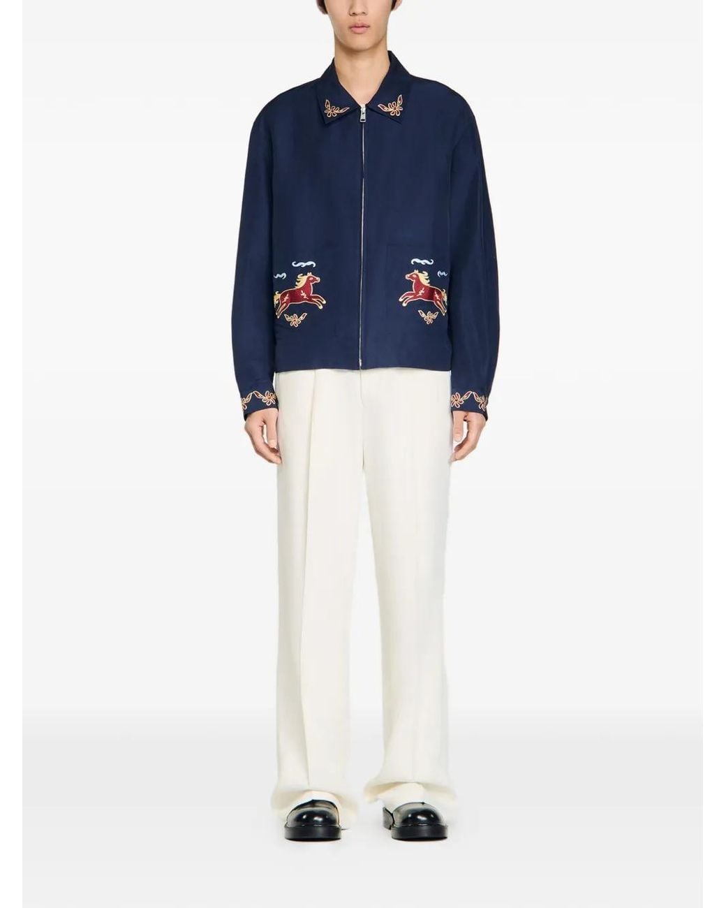 Sandro Blue Embroidered Wing Collar Jacket for men