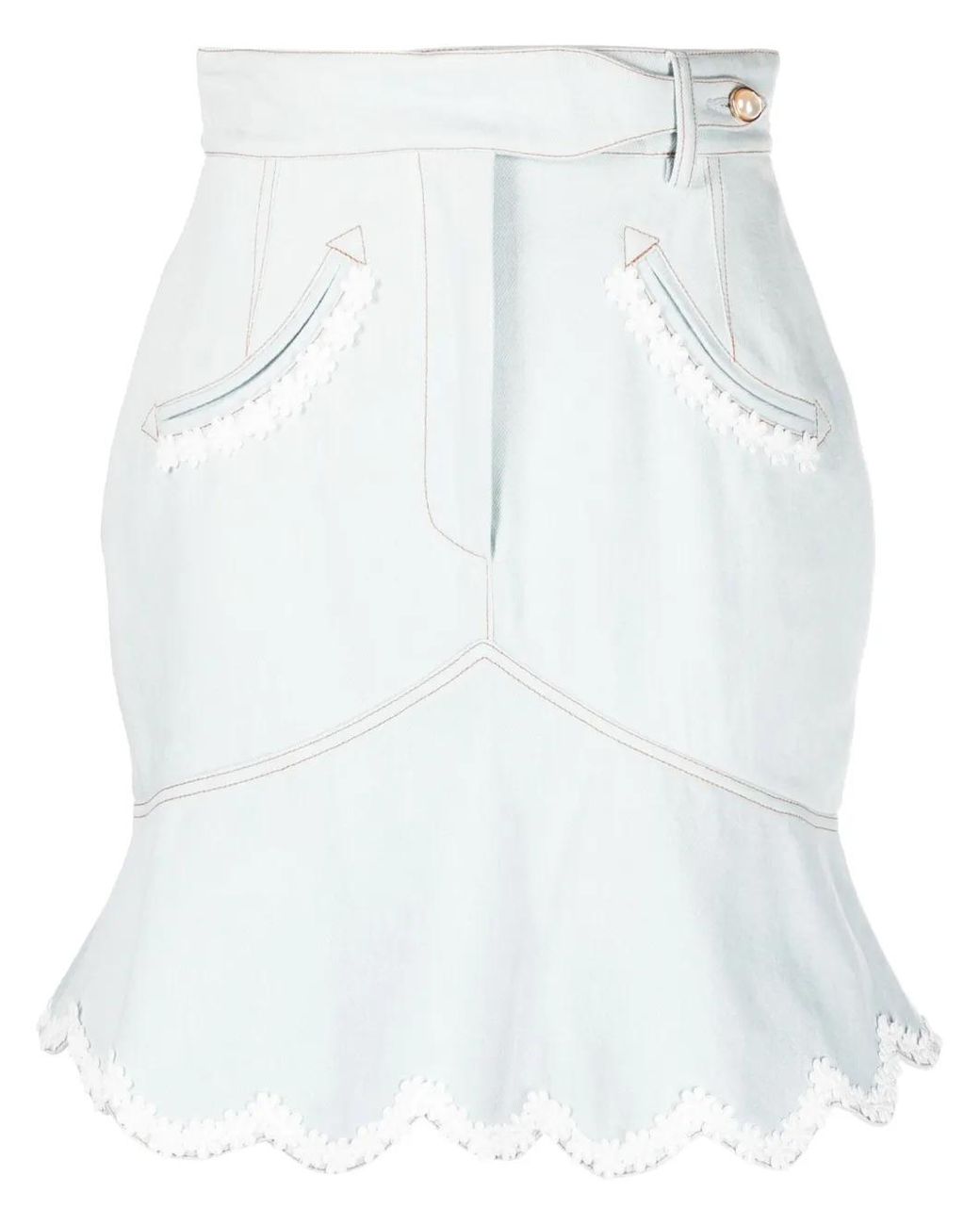 Casablanca White Floral-Embroidered Denim Peplum Skirt