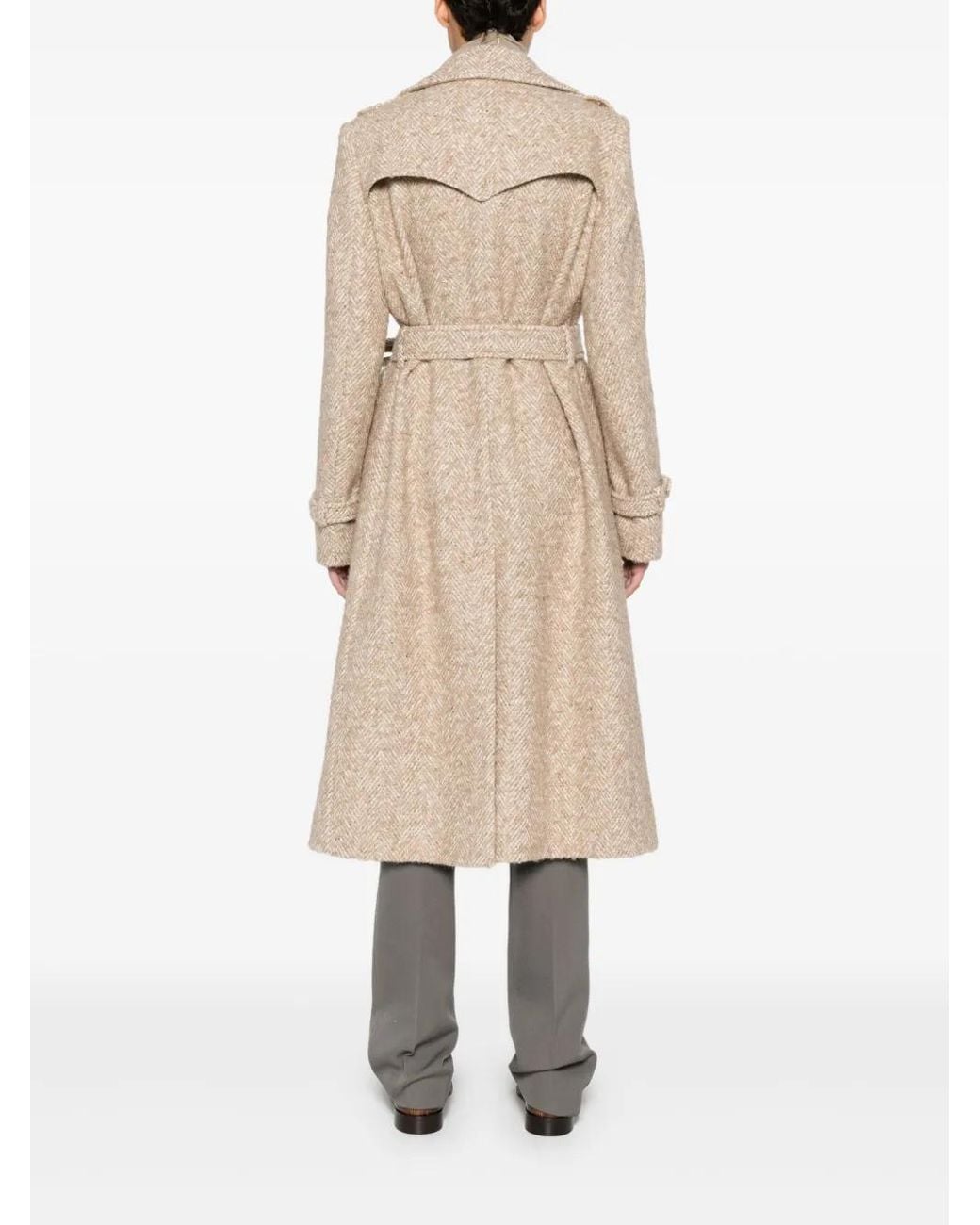 Tagliatore Natural Belted Herringbone-Pattern Coat