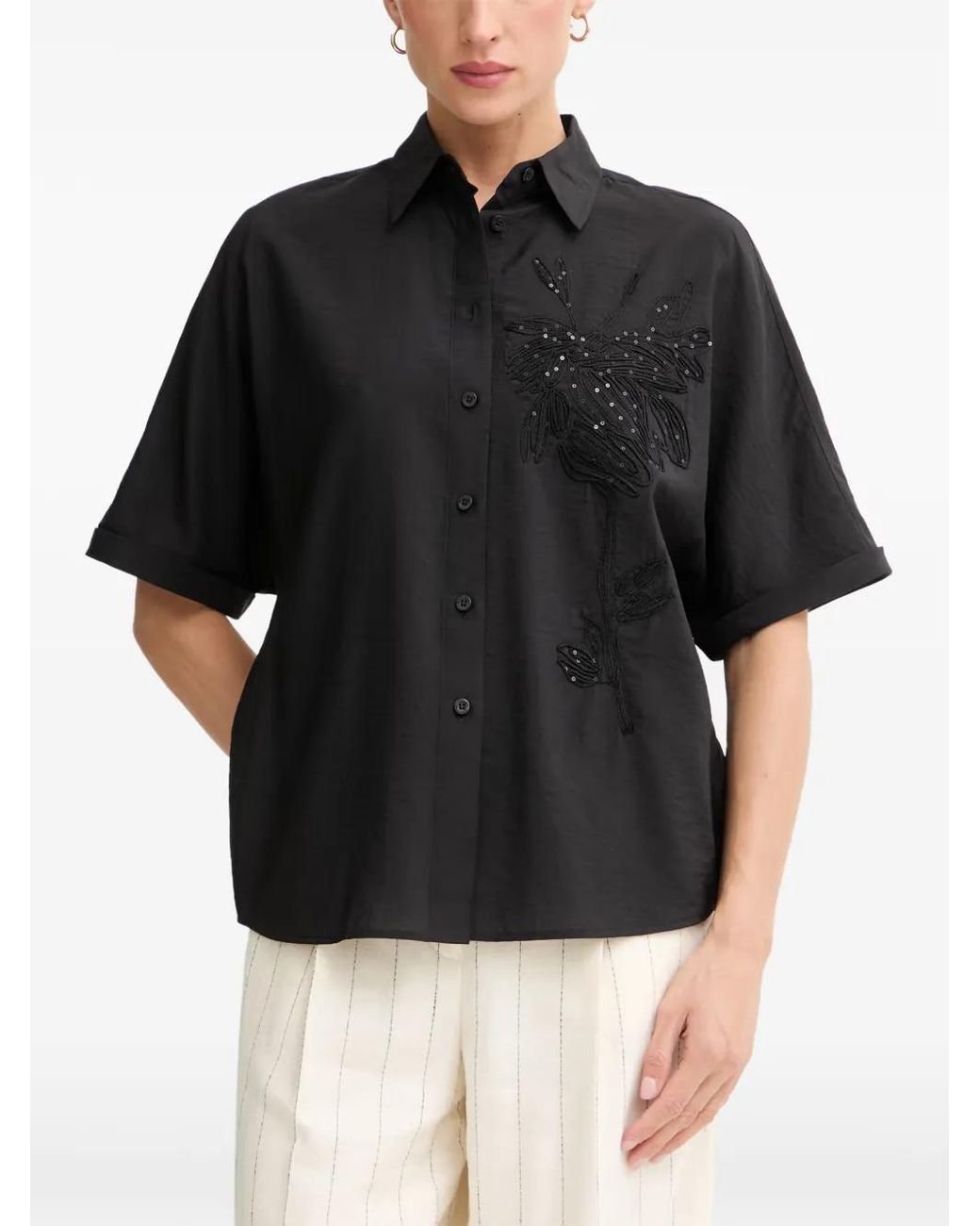 MARC AUREL Black Chemise À Patch Floral Ornée De Sequins