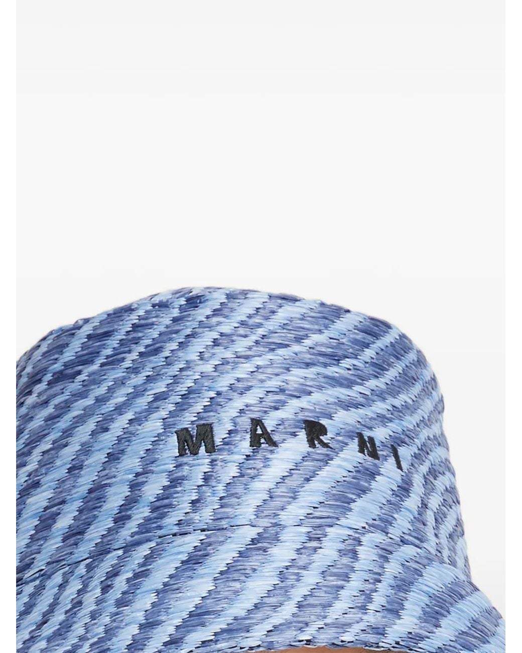 Marni Blue Raffia-Effect Bucket Hat With Wavy Pattern