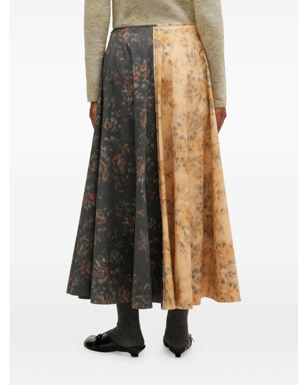 Ganni Brown Floral Printed Panelled Flared Midi Skirt