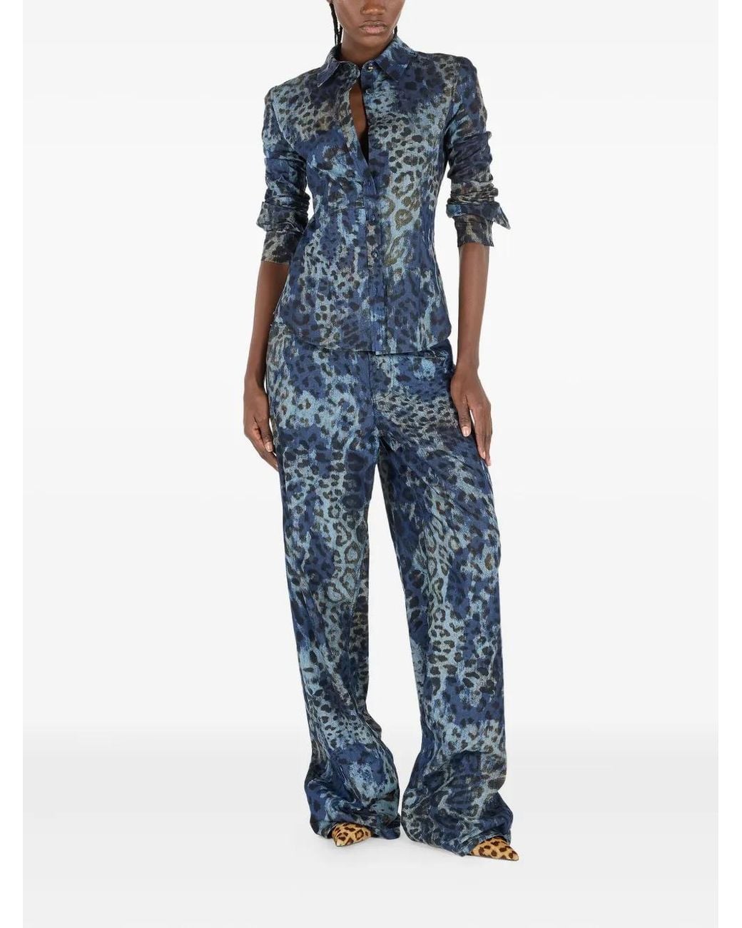 Roberto Cavalli Blue Leopard-Print Button-Up Shirt