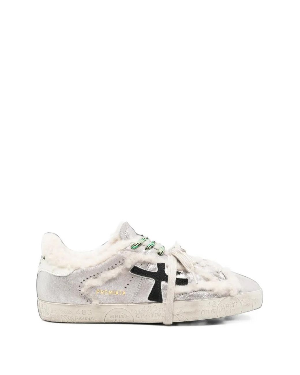 Premiata White Steven Shearling-Trim Sneakers