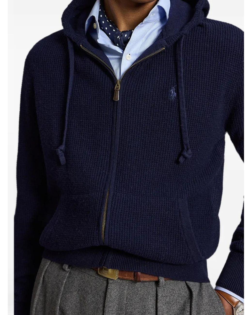 Polo Ralph Lauren Blue Waffle-Knit Wool-Cotton Hooded Sweater for men
