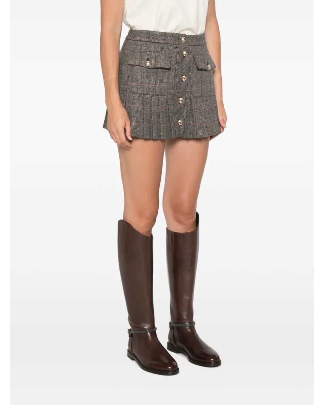 Maje Gray Check-Pattern Mini Pleated Skirt