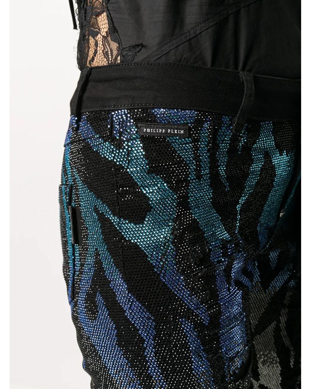 Philipp Plein Blue Embellished Zebra Pattern Jeggings