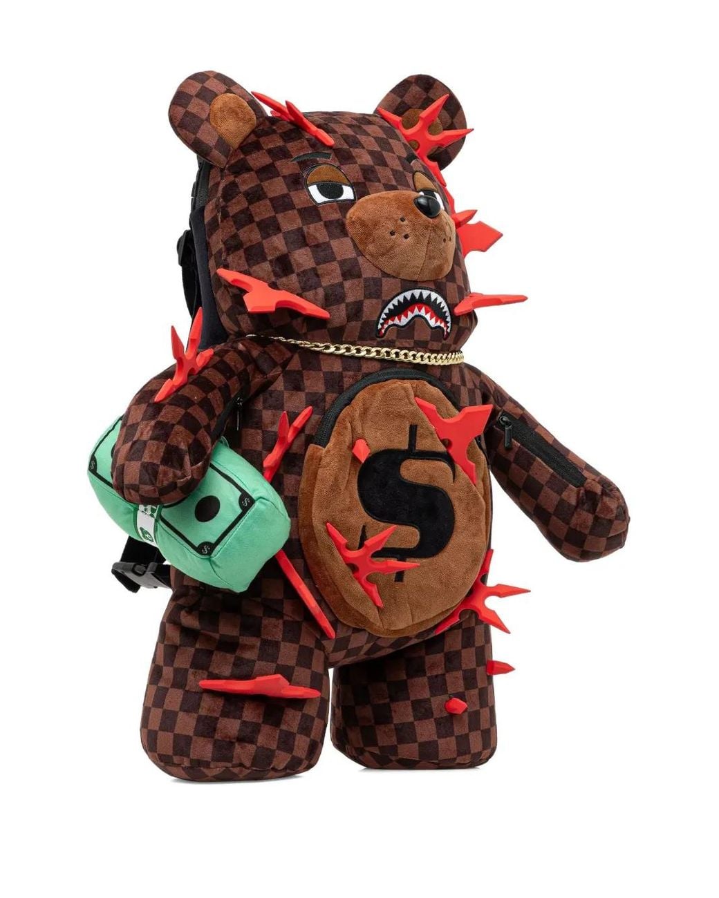 Sprayground Red Checked-Pattern Bear-Shape Backpack