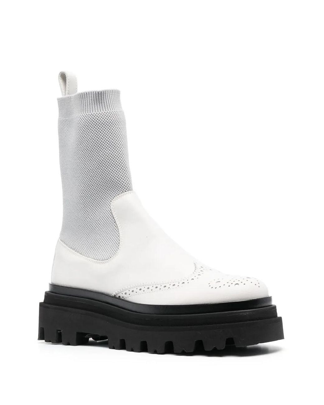Eleventy White Leather Ankle-Sock Boots