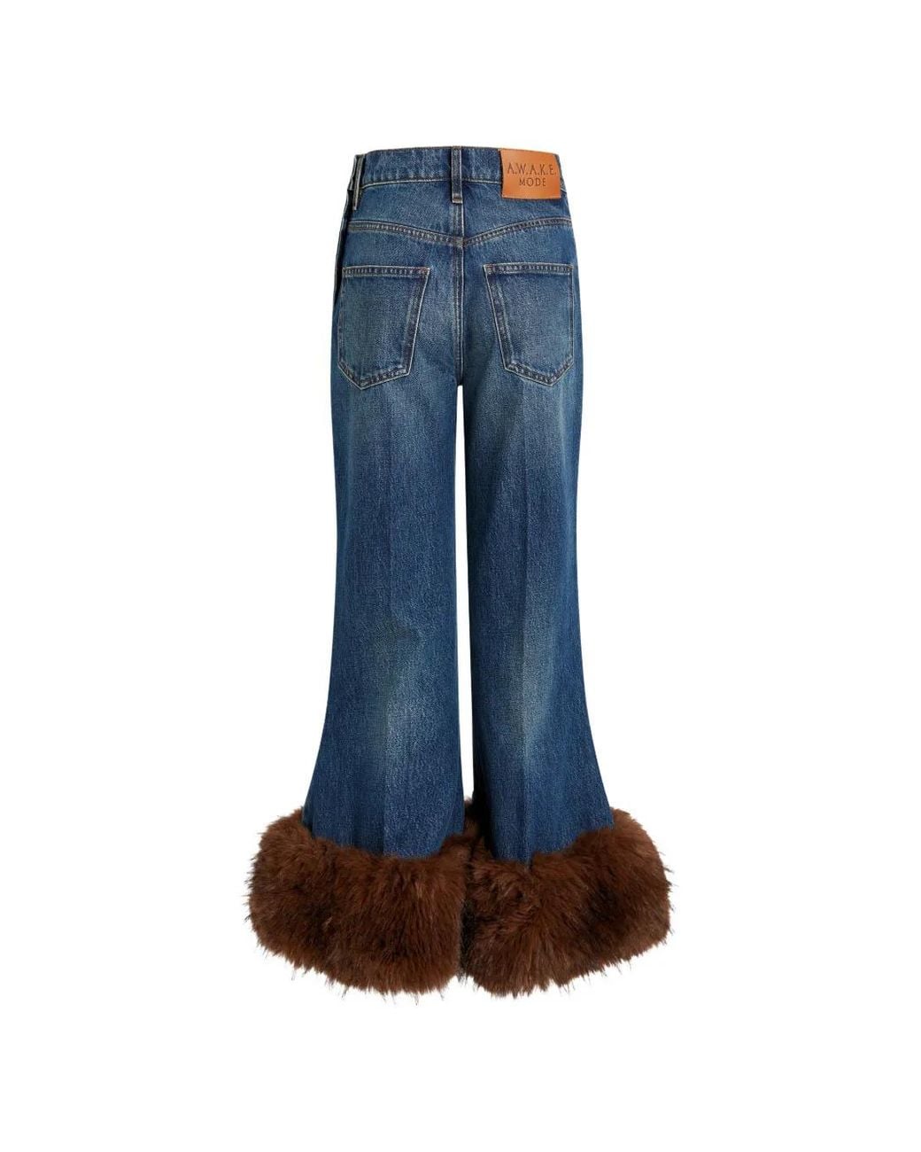 A.W.A.K.E. MODE Blue Faux-Fur Hem Flared Jeans