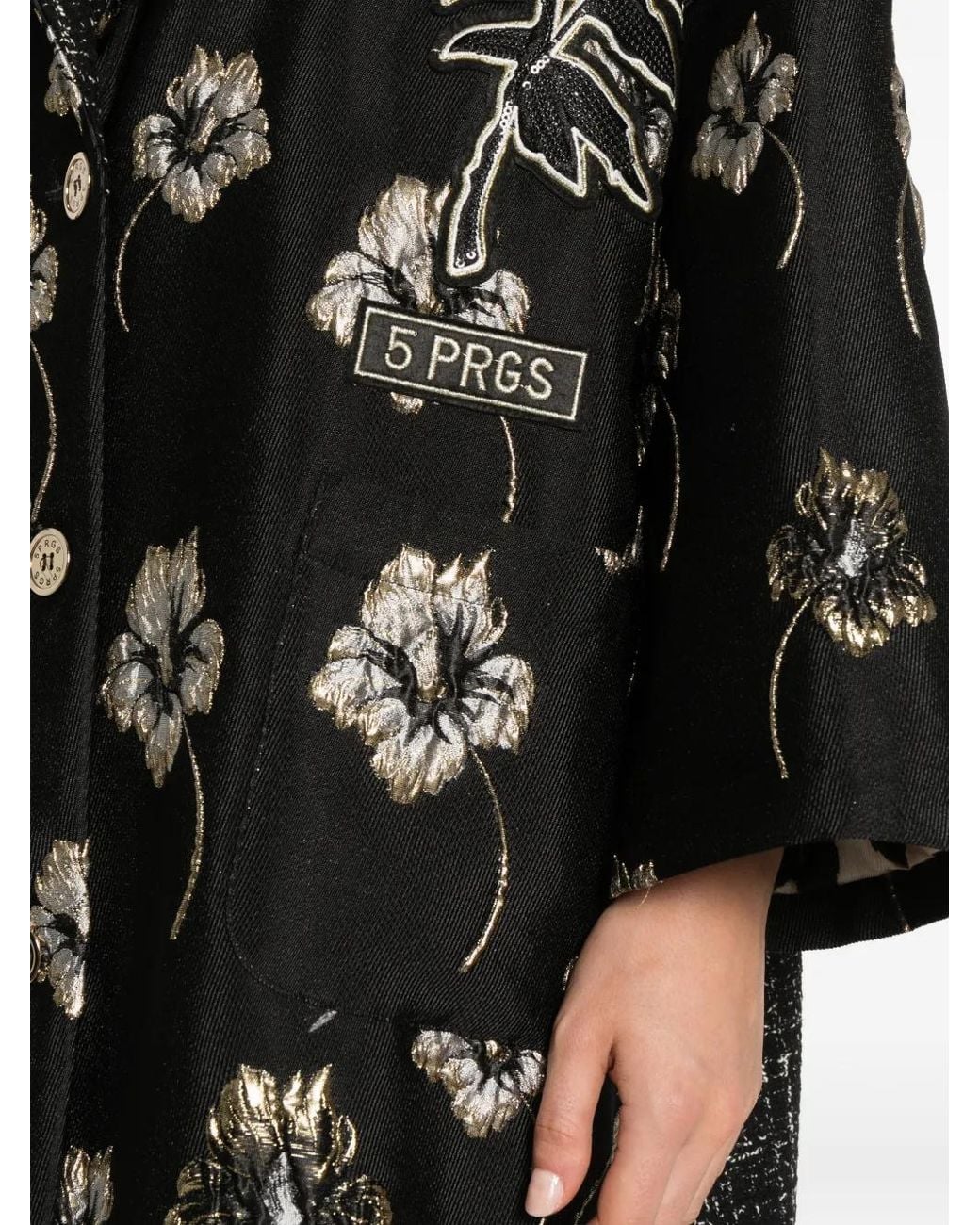 5 PROGRESS Black Floral-Jacquard Bouclé-Panel Coat