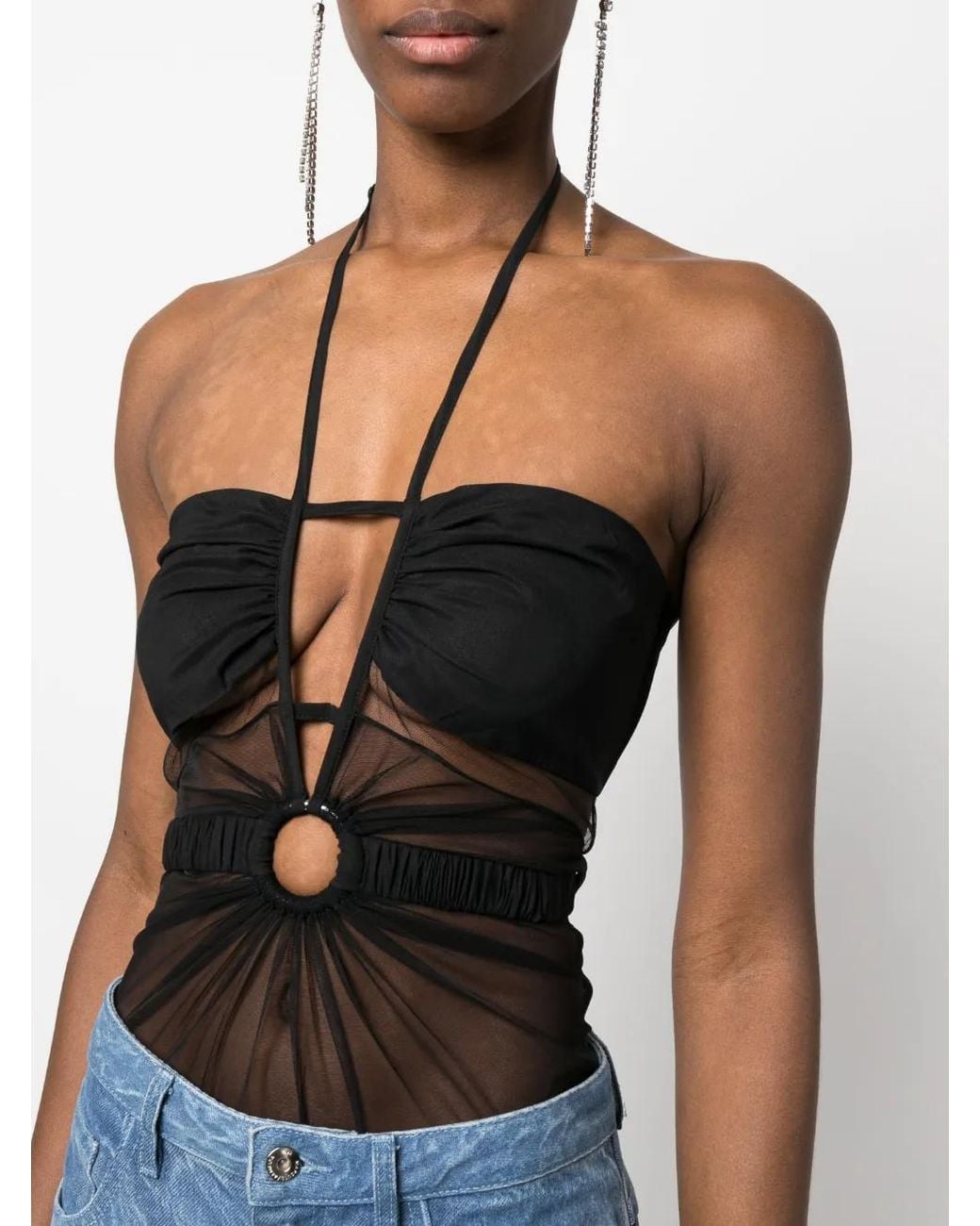 Nensi Dojaka Black Sheer-Panel Halterneck Bodysuit