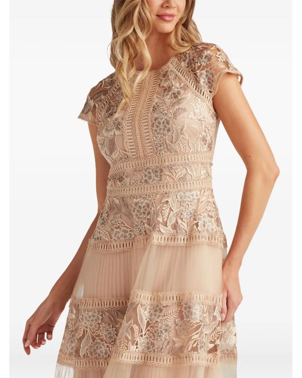 Tadashi Shoji Natural Tamsin Floral-Embroidered Tiered Midi Dress