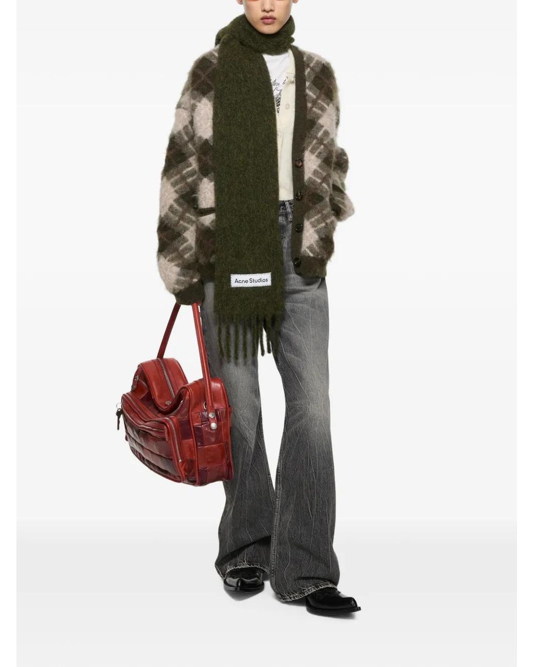 Acne Green Fringed Logo-Patch Scarf