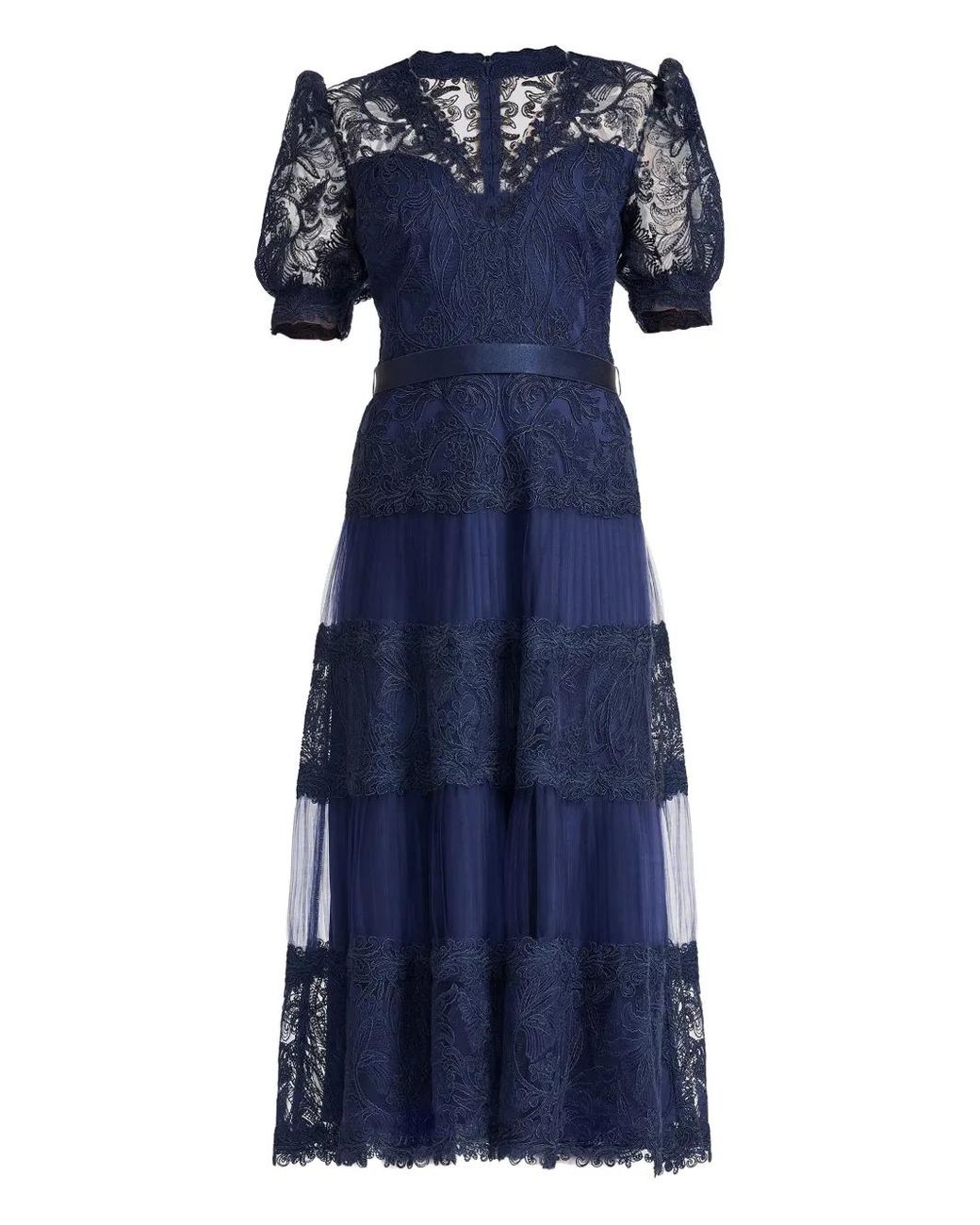 Tadashi Shoji Blue Embroidered Pleated Midi Dress