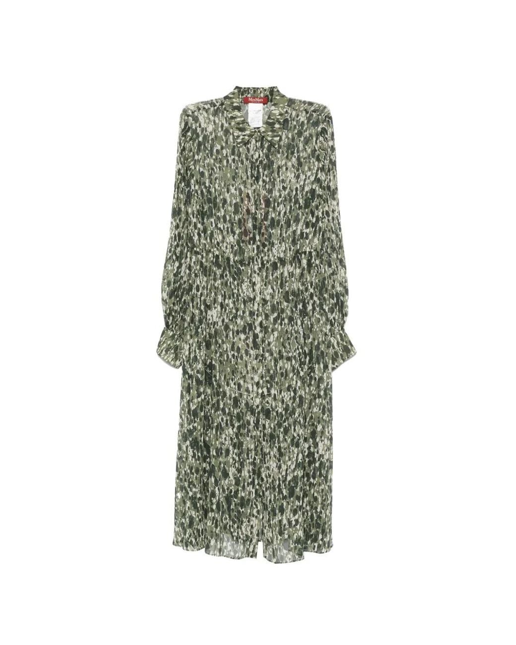 Max Mara Green Abstract-Print Pleated Dress