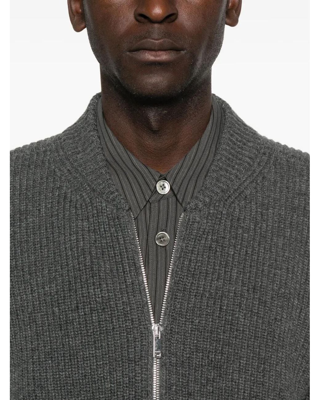 Zanone Gray Ribbed Zip-Up Cardigan for men