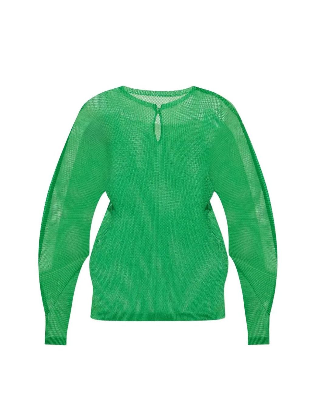 Pleats Please Issey Miyake Green Tatami April Keyhole-Neck Blouse