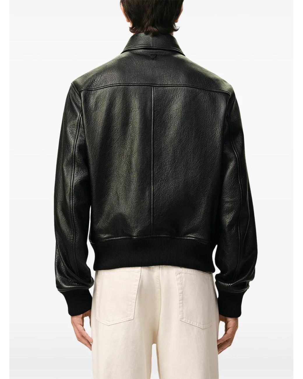 AMI Black Zip-Front Leather Jacket for men