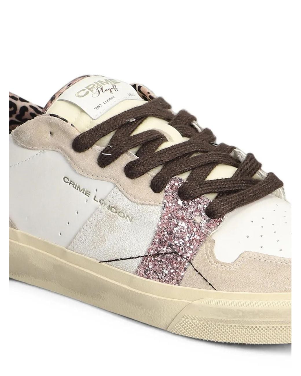 Crime London White Playoff Glitter-Panel Leopard-Print Sneakers