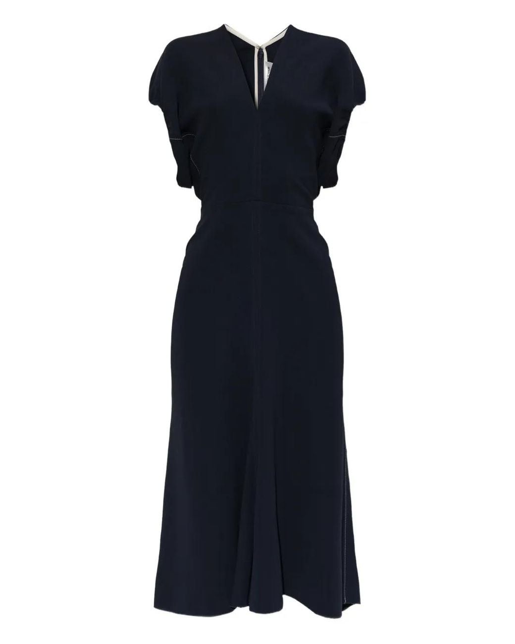 Victoria Beckham Blue Blouson Detail V-Neck Midi Dress Clothing