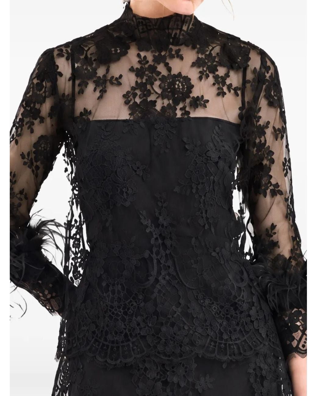 Gemy Maalouf Black Feather-Trim Lace Top