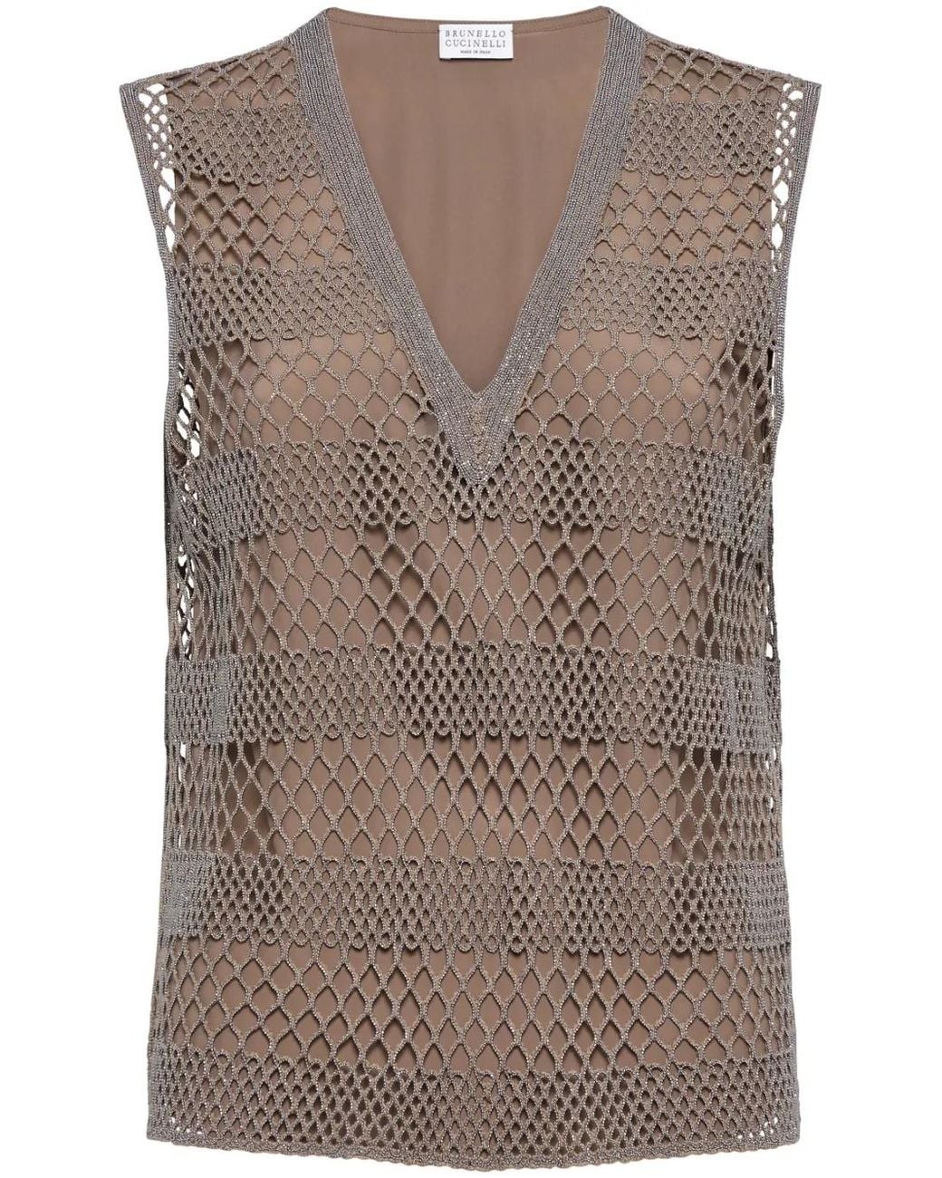 Brunello Cucinelli Brown Crepe De Chine Net Embroidered Top