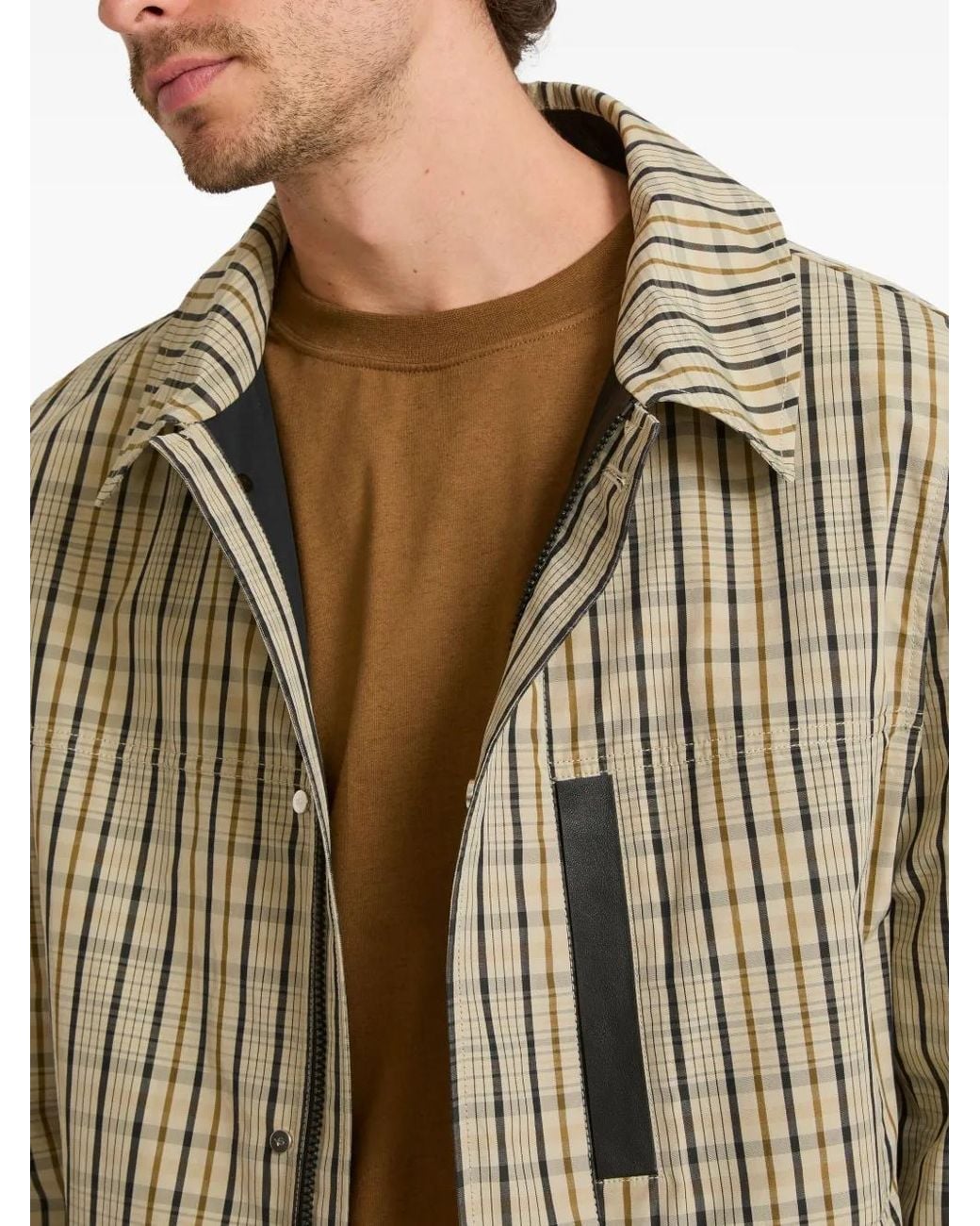 Yves Salomon Brown Check-Pattern Leather-Detail Jacket for men