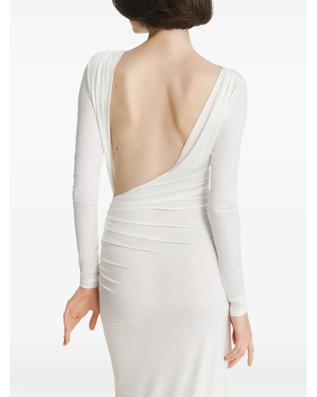 2310 STUDIO White Ruched Open-Back Maxi Dress