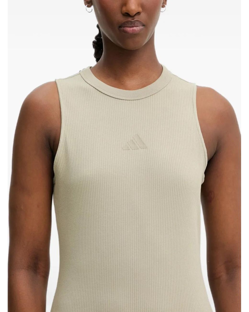 Adidas Natural Ribbed-Knit Logo-Patch Midi Dress