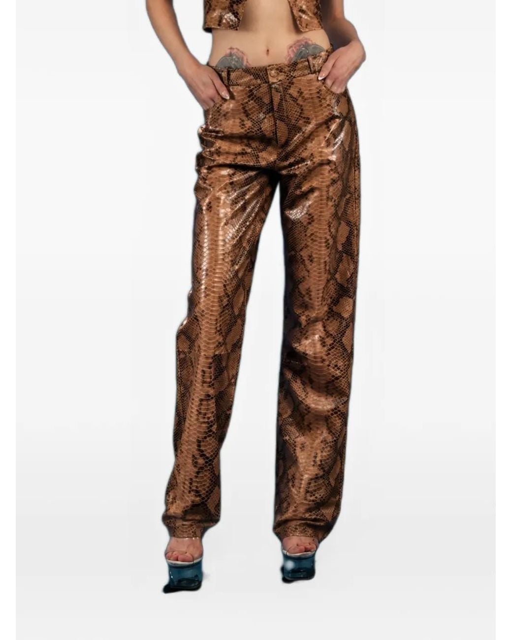 Heira Leatherwear Brown Medusa Low-Rise Snakeskin-Embossed Leather Trousers