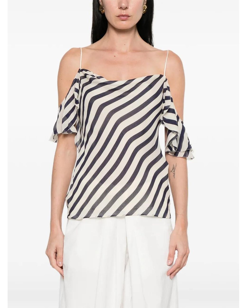 Self-Portrait White Striped Ruffled Top