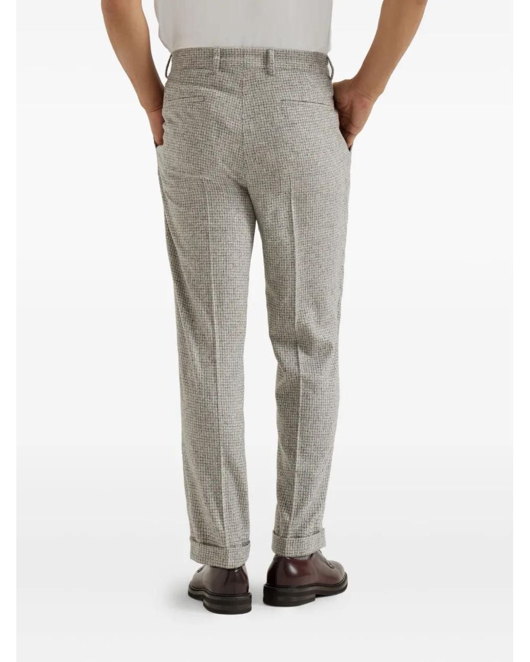 Brunello Cucinelli Gray Pleated-Front Check-Pattern Trousers for men
