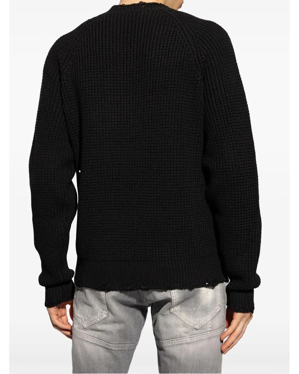 DSquared² Black Textured Knit Sweater With Raw Hem And Distressed Detailing for men