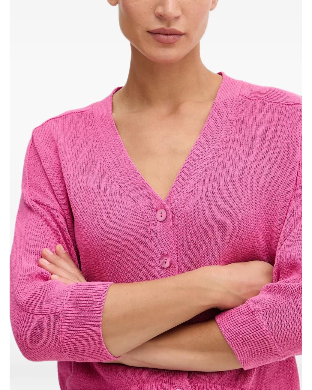MARC AUREL Pink V-Neck Three-Quarter Sleeve Cardigan