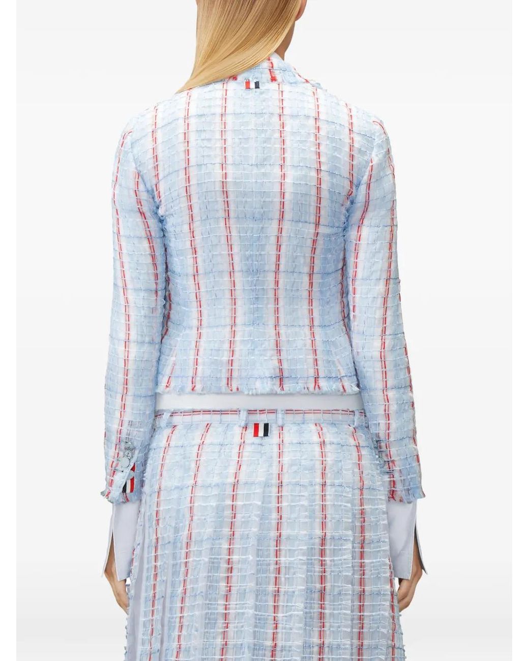 Thom Browne Blue Striped Frayed Tweed Jacket