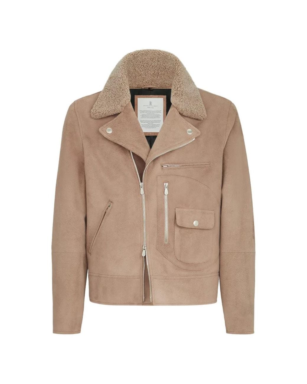 Brunello Cucinelli Natural Suede Biker Jacket With Thermore Padding And Detachable Shearling Collar for men