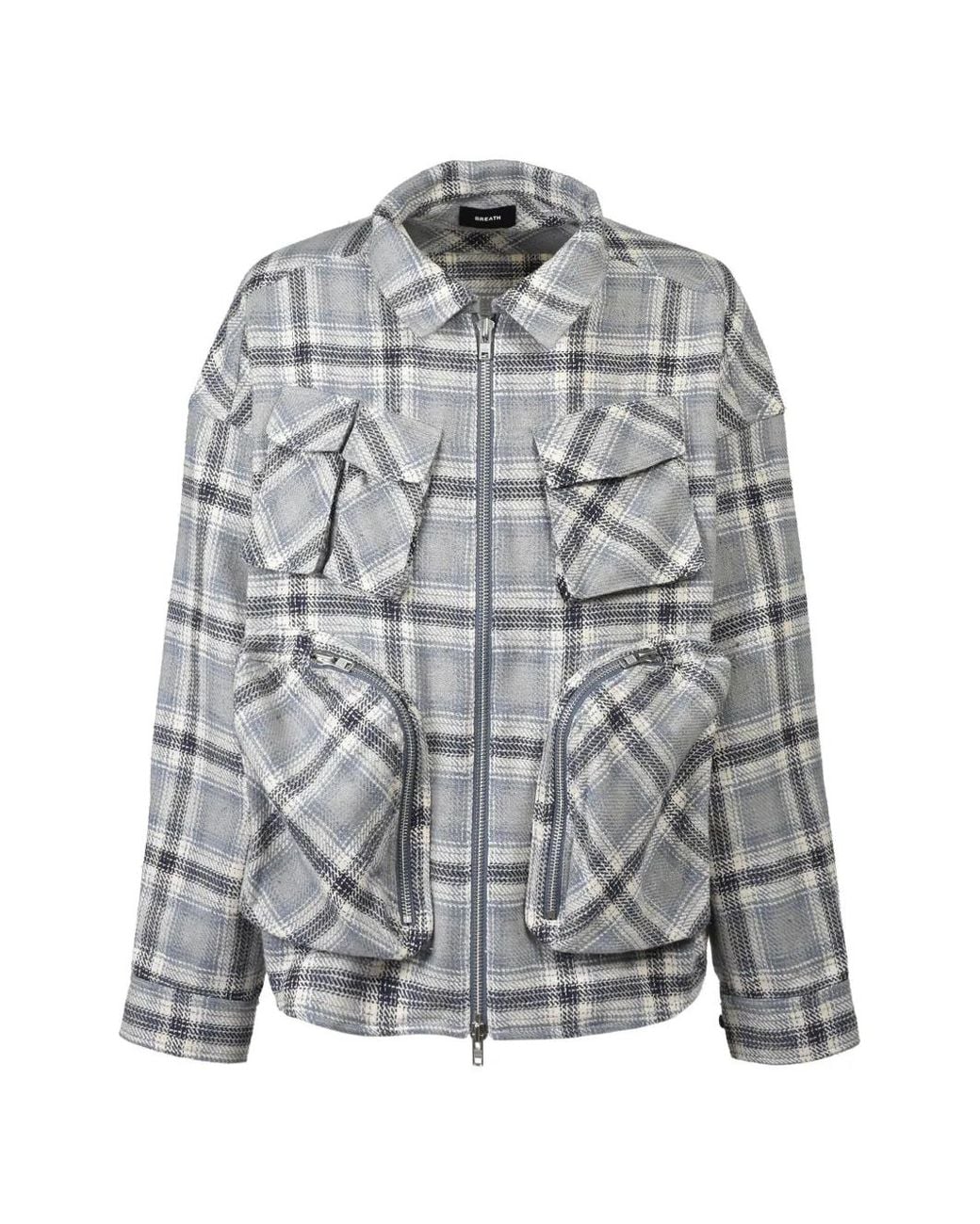BREATH Gray Bdu Check-Pattern Multi-Pocket Shirt Jacket for men