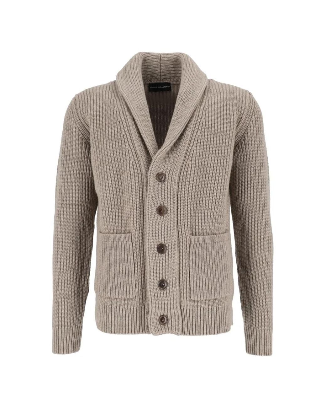 FILIPPO DE LAURENTIIS Gray Ribbed-Knit Shawl-Lapel Cardigan for men