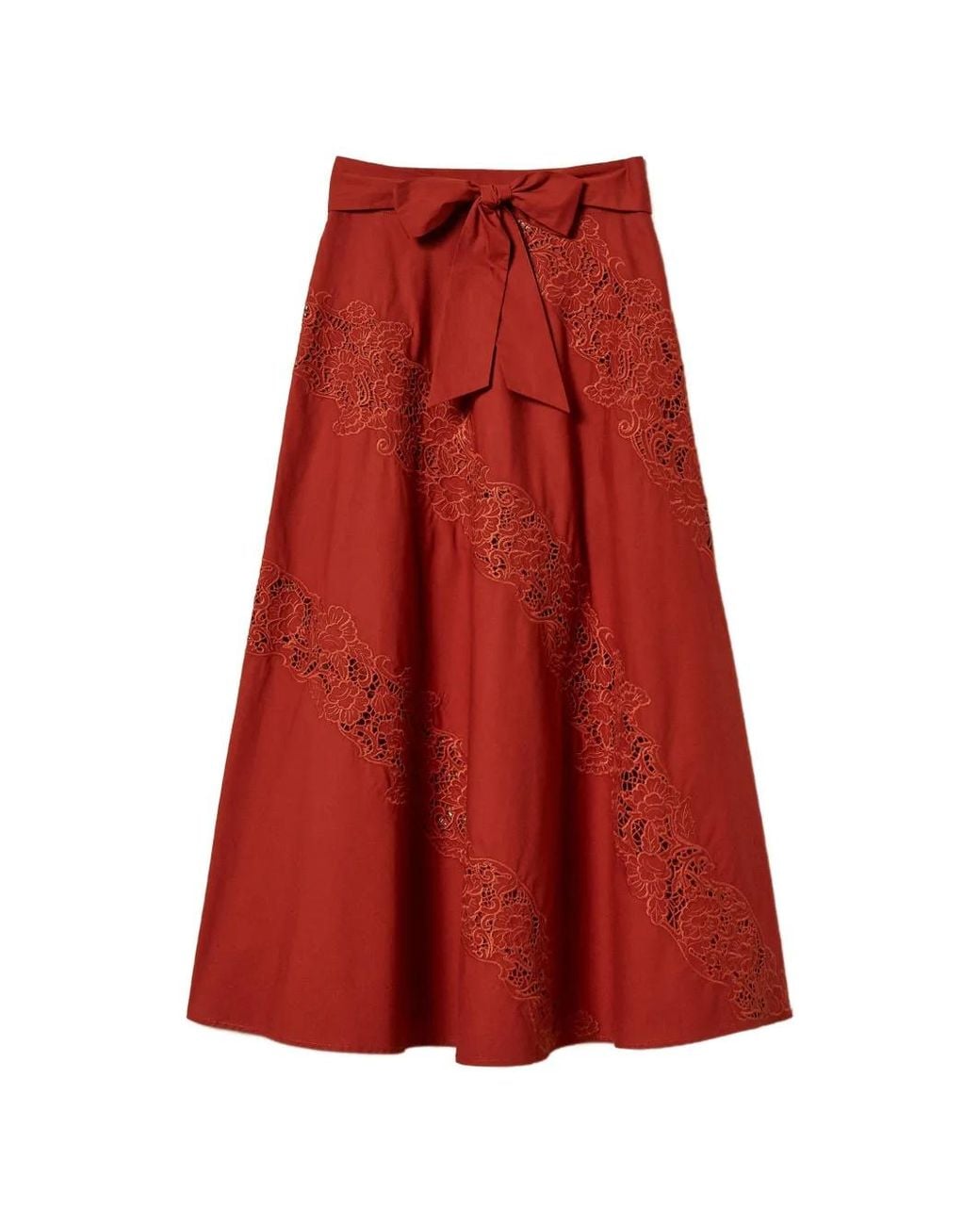 Twinset Red Long Poplin And Broderie Anglaise Skirt