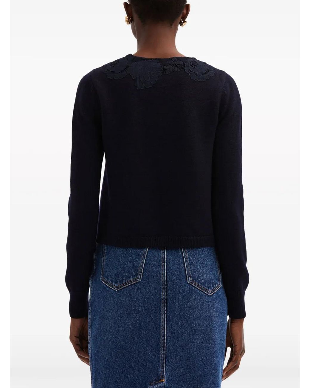Oscar de la Renta Blue Mixed Botanical Lace-Panelled Cardigan