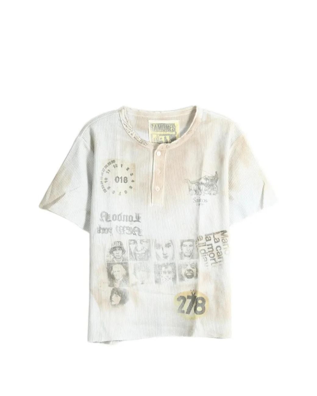 SAITOS White Graphic-Print Waffle-Knit Henley T-Shirt