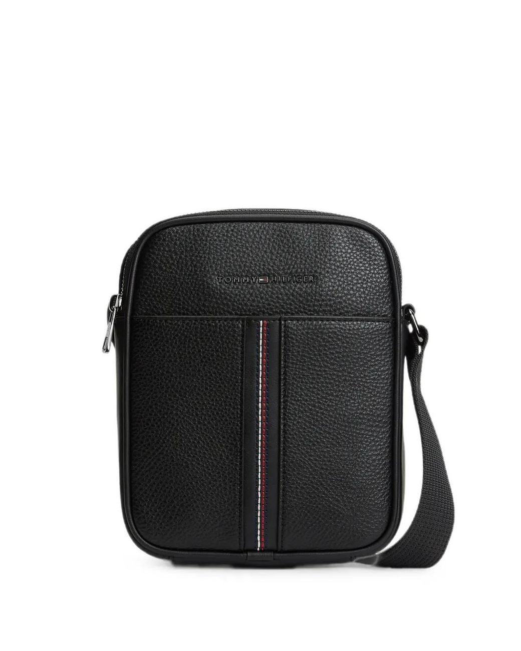 Tommy Hilfiger Black Pebble-Effect Stripe-Detail Messenger Bag for men