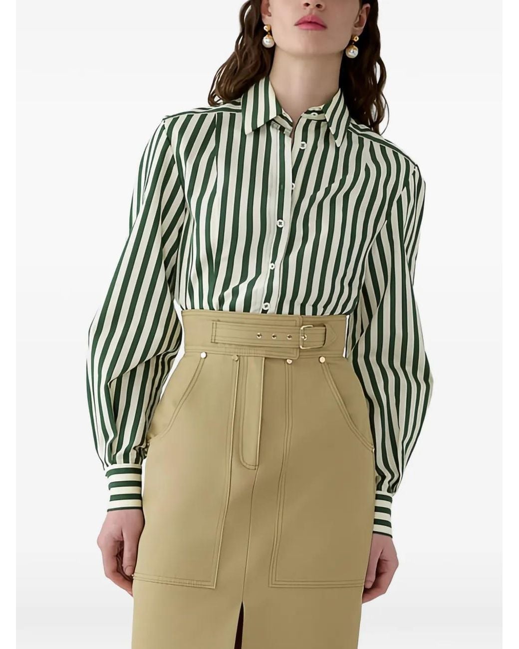 Carolina Herrera Natural Belted Front-Slit High-Waisted Midi Skirt