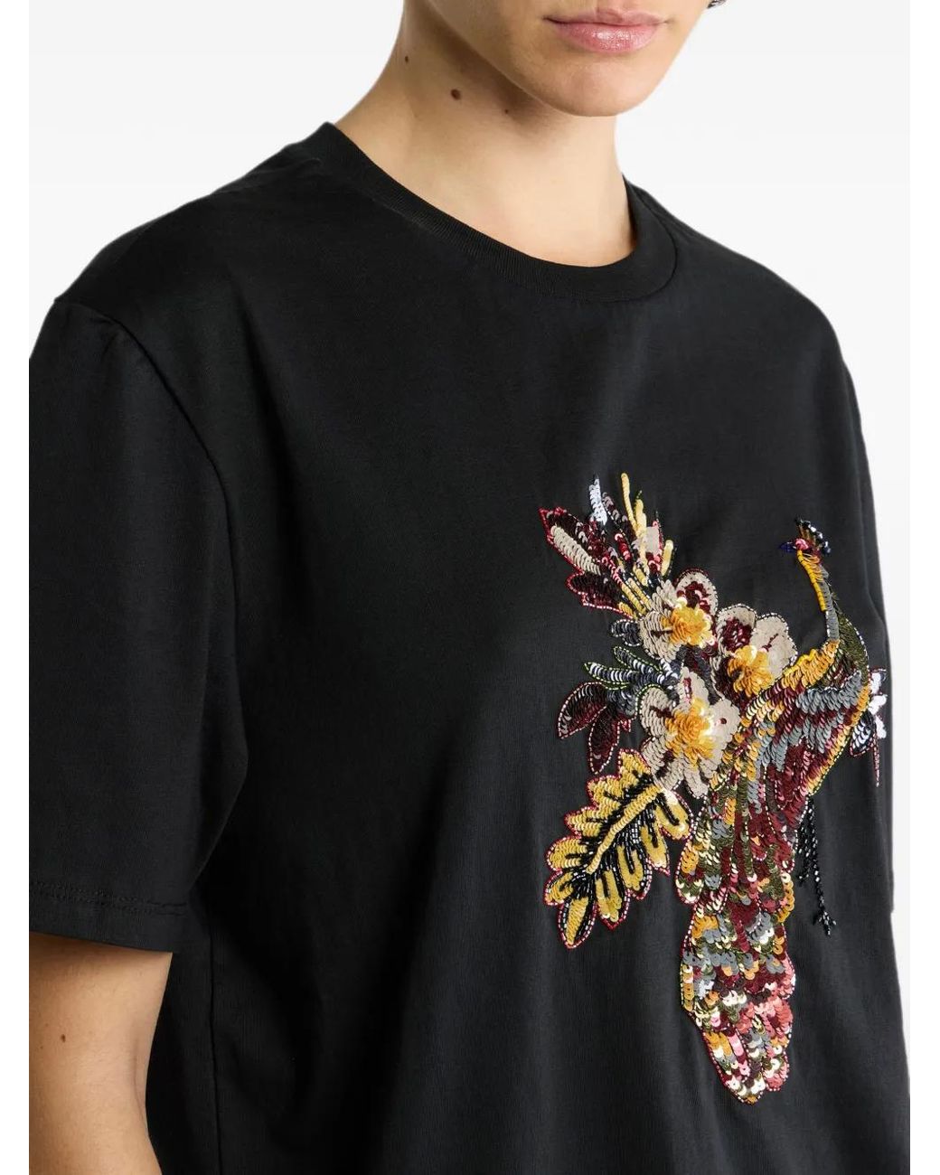 Etro Black Cotton T-Shirt With Peacock Embellishment