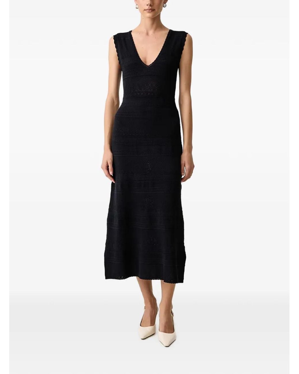 Morgan Black Pointelle-Knit Scalloped-Edge Midi Dress