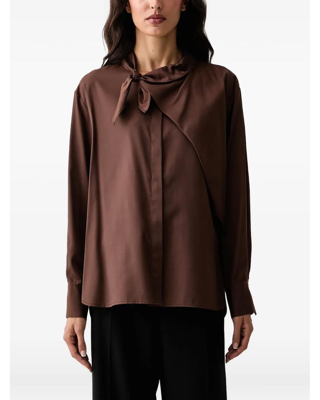 ELEH Brown Pussy-Bow Long-Sleeve Shirt