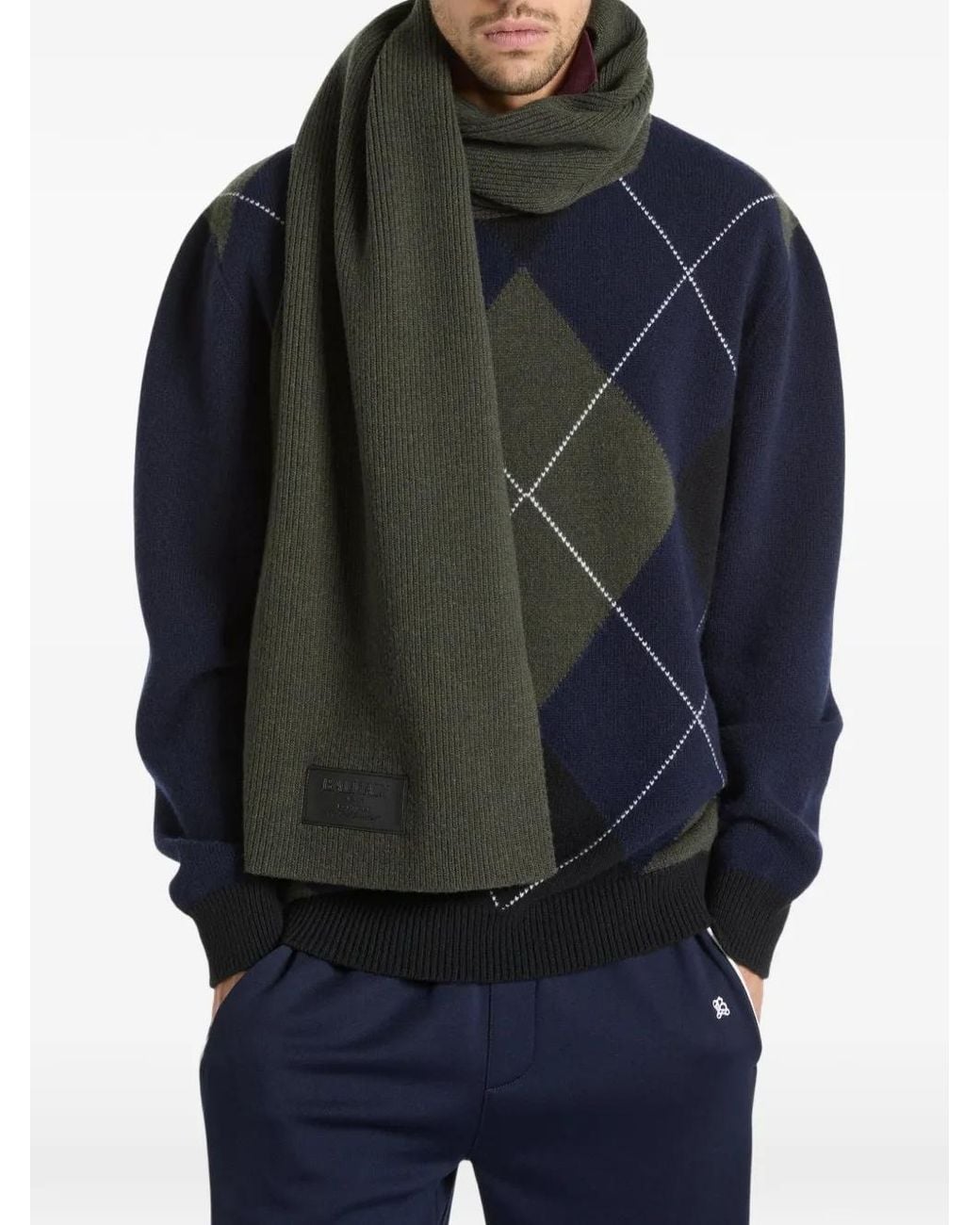 Balmain Green Wool Scarf With Leather Vintage Label for men