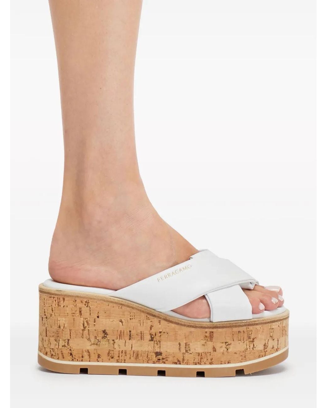 Ferragamo White 60Mm Logo-Print Wedge Sandals